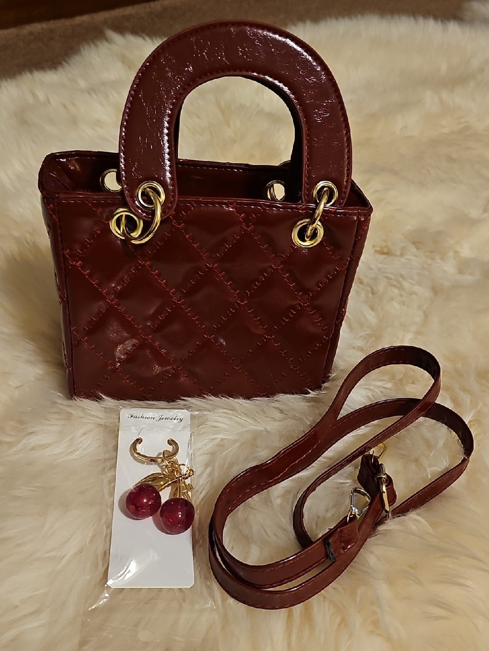 Fashion Jewelry Quilted Patent Mini Tote in Burgundy with Gold Hardware